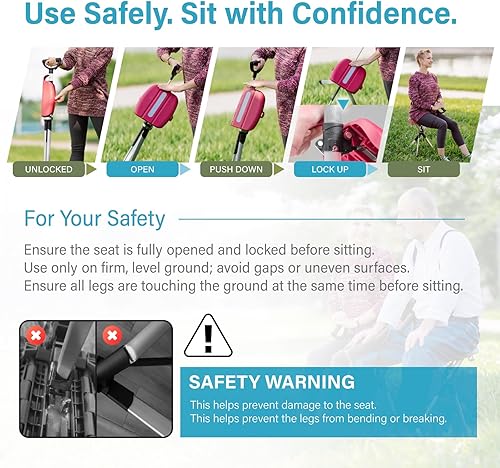 Miniatura 5 de Serie Ta-Da de Sillas STEP2GOLD 2- Bastón de Caminata Portátil, Bastón con Asiento, Silla Plegable, Bastón de Senderismo, para Acampar, Senderismo,