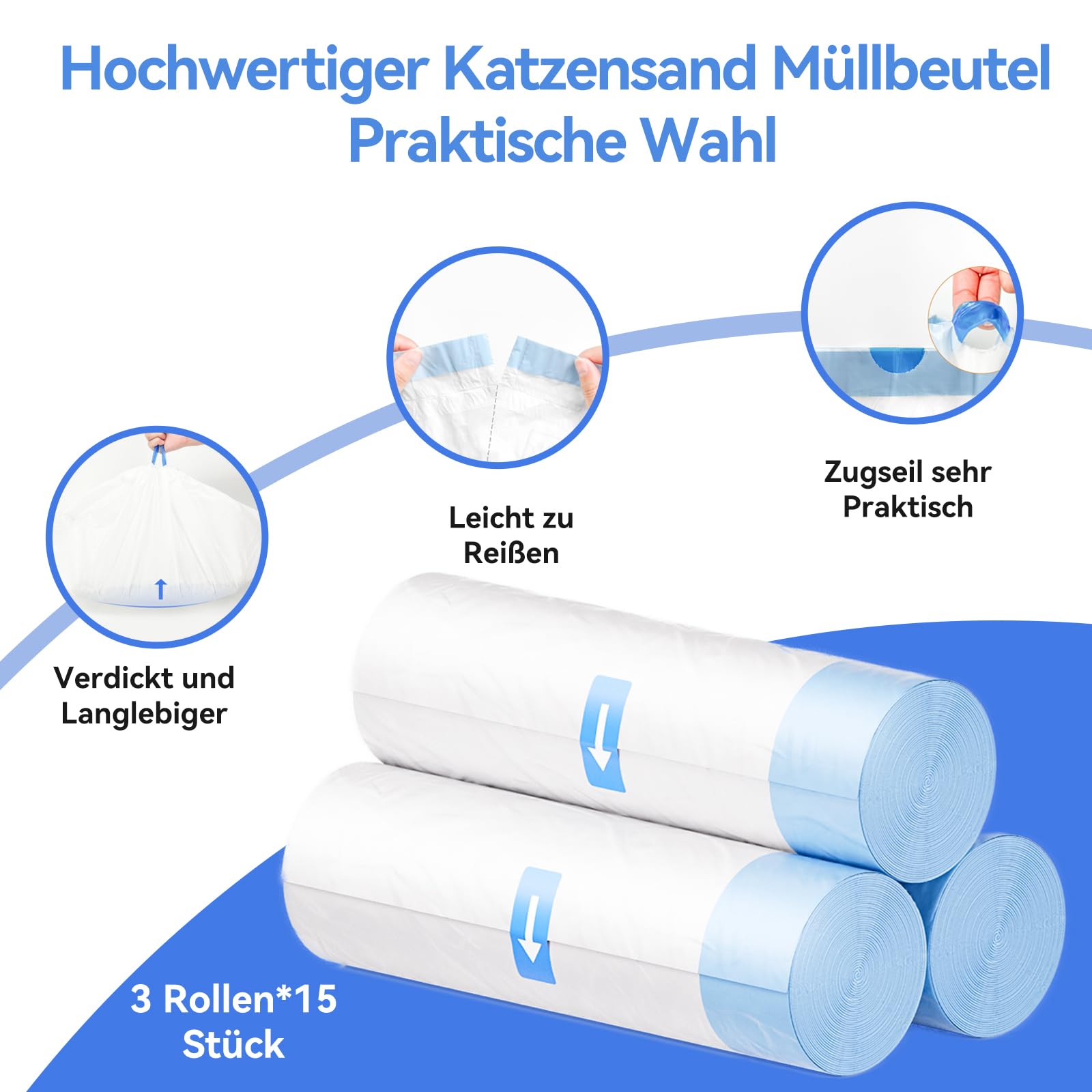 Amicura 45 Stück Mülltüten mit Tragegriff Selbstreinigende Katzentoilette Müllbeutel Katzentoilettenbeutel mit Zugbändern Biologisch Abbaubar Langlebige Reißfest Flüssigkeitsdicht - 3 Rollen