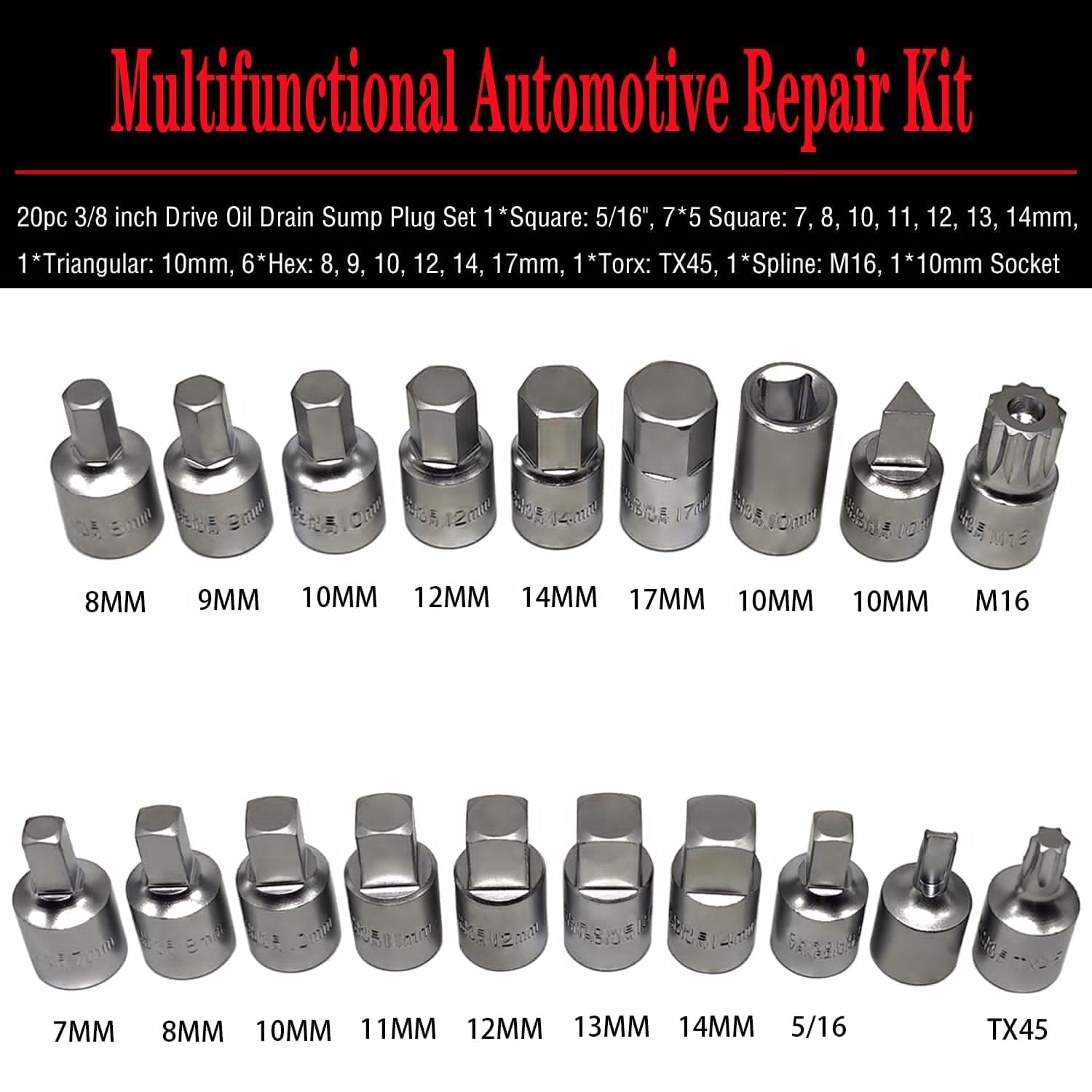 JEUCLEL 20PCS 3/8" Drive Oil Drain Sump Plug Key Set, Gearbox Hex Square Triangle Torx Spline Socket Set, Engine Repair Mechanic Tool - Image 2