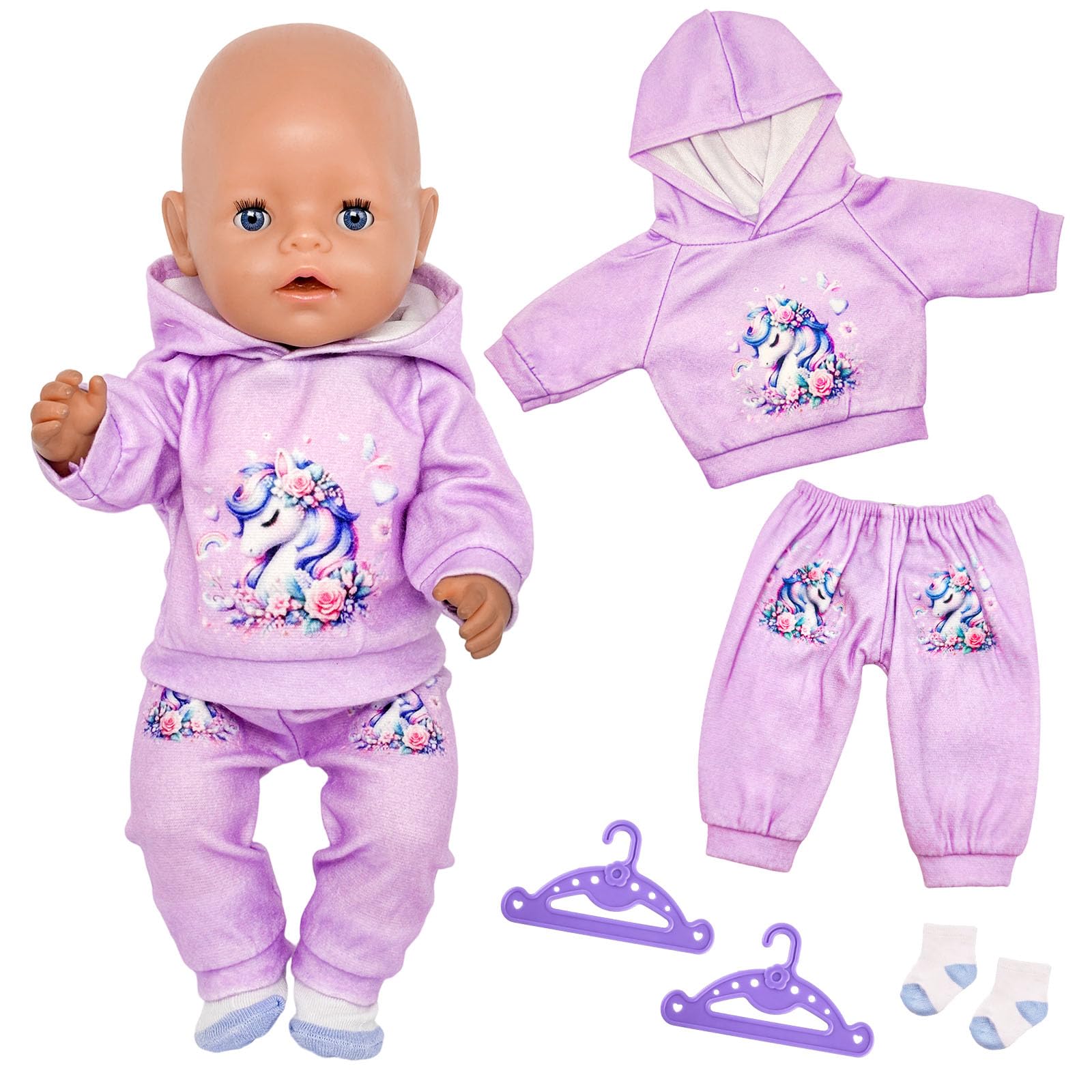 WanderGo Purple Hoodie Outfit Set for 35-45cm Dolls, 5pcs Casual Doll Clothes Includes Sweatshirt, Pants, 1 Pair of Socks & 2 Hangers, Soft Doll Accessories for Role Play