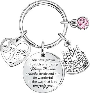 Birthday Gift for Women Girls Birthday Keyring 13th 16th 18th 21st 30th 40th 50th 60th Birthday Keychain with Pink Birthstone Presents for Daughter Niece Sister Friend Teen Girls Mun Aunt