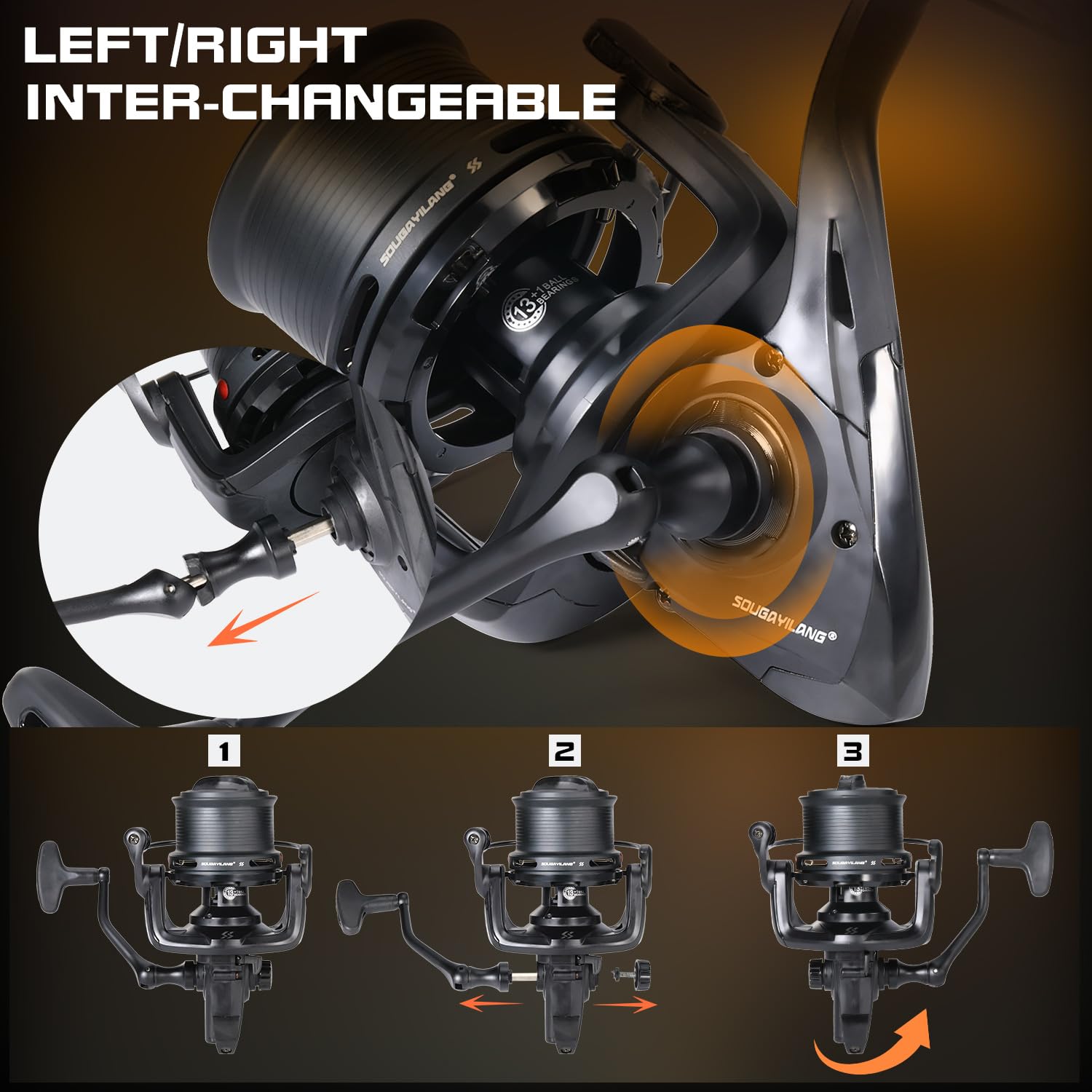 Sougayilang FED5000 Feeder - Mulinello da pesca con 13+1 cuscinetti a sfera, rapporto di trasmissione 4,7:1, sistema rotore bilanciato e anti torsione, bobina in alluminio con bobina di ricambio e