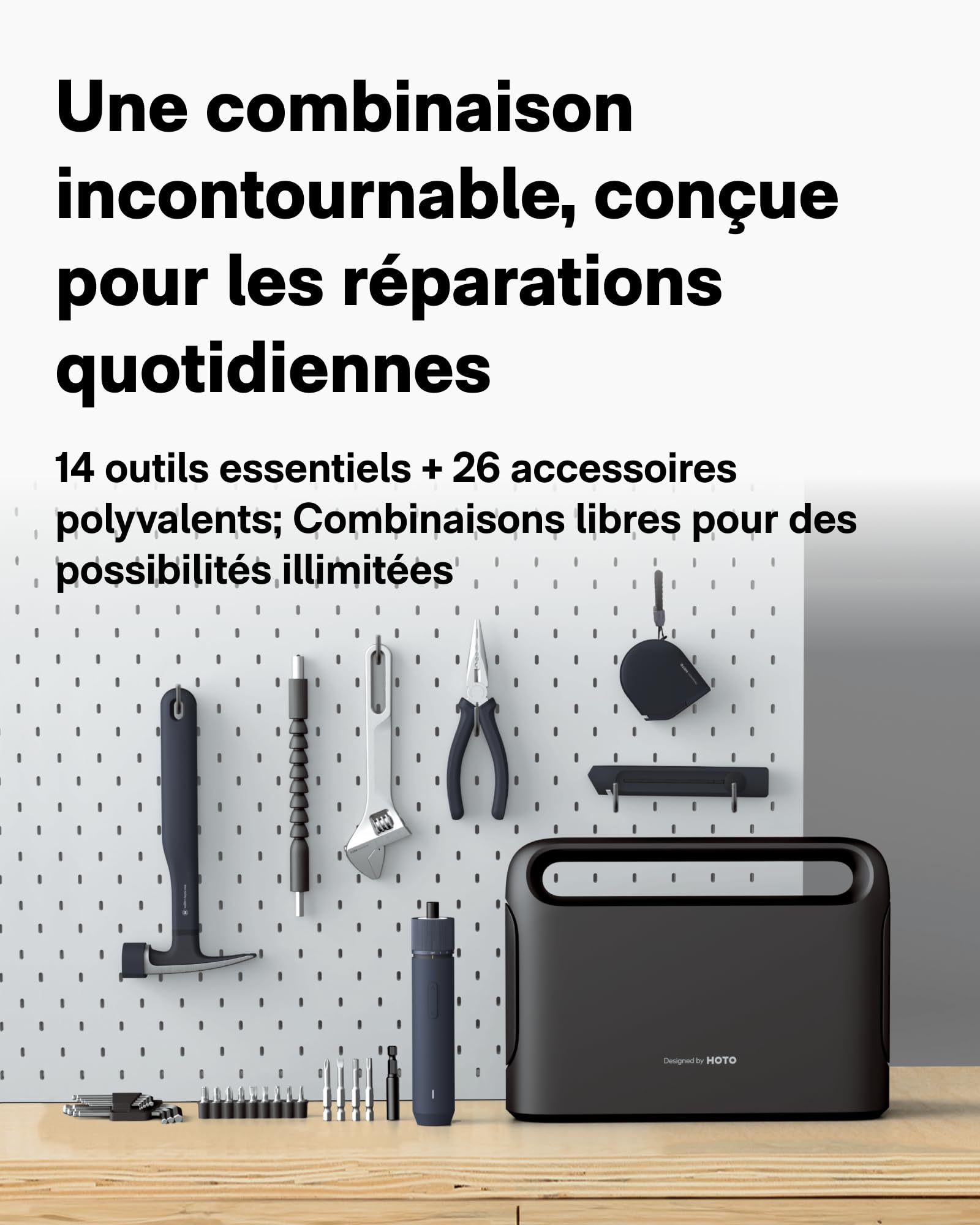 HOTO Kit d'outils 40 pièces - Malette outils complète avec tournevis électrique (LED, 3 couples), 14 outils & 26 accessoires，Caisse à outil complete et compacte pour bricolage et réparations，DIY