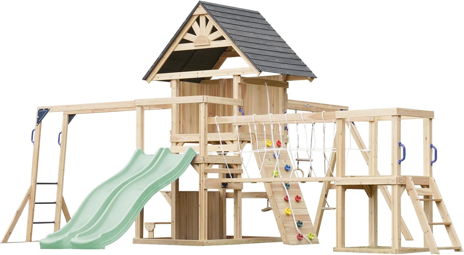 AXI Hunter Wooden Playground, 2 Swings, Double Slide, Pastel Green | XXL Playhouse with Climbing Structure, Hanging Bridge and Trapeze | for Garden