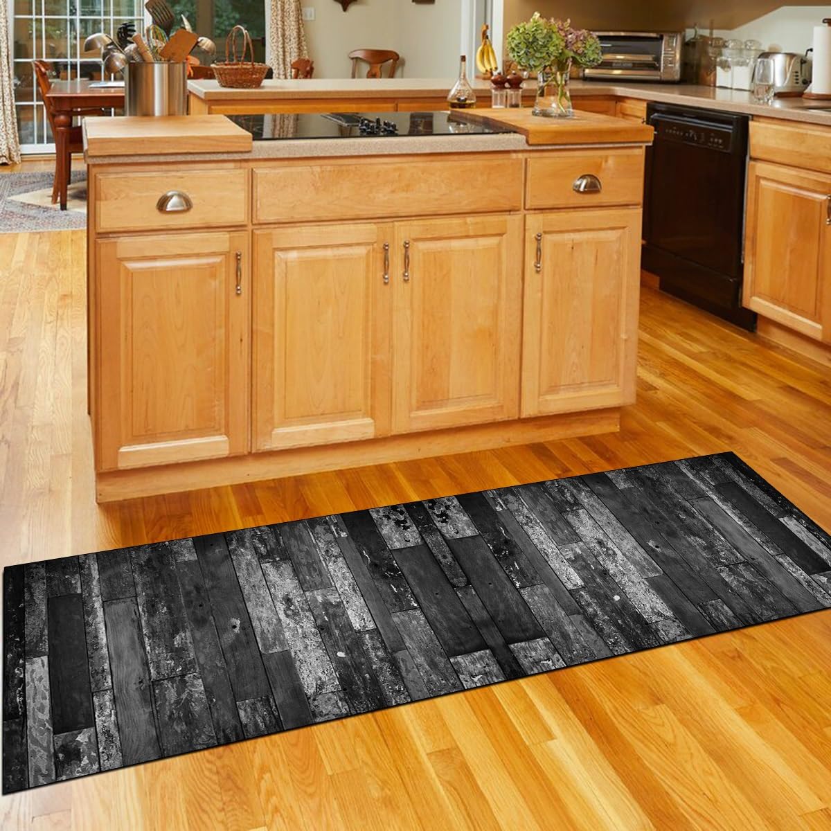 Läufer Flur Küche Teppich rutschfest Schwarz 110x500CM Lang Kücheläufer Waschbar Meterware Holzmuster Teppichmatten Korridor Polyester Wohnzimmer Schlafzimmer