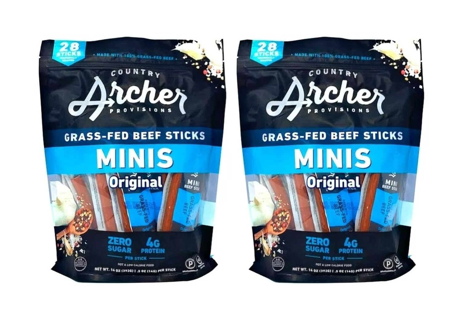 Original Minis Contry Archer Grass Fed Beef Sticks, 0.5oz, 28 Count (Pack of 2) ~ Total 56 sticks