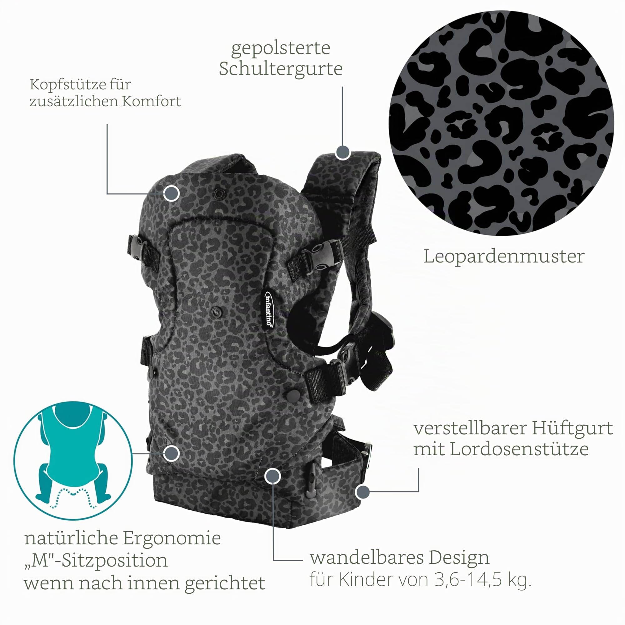Infantino Flip Advanced 4-in-1 Babytrage, Ergonomisch, Umwandelbar, mit Blickrichtung Nach Innen und Außen, Vorne und Hinten Tragbar für Neugeborene bis Kleinkinder von, Schwarzer & Grauer Leopard