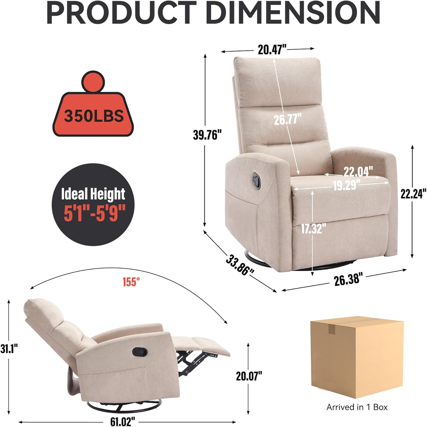 Slim Swivel Rocking Chair Recliner with Pockets，Lazy Boy Recliners for for Adults，Small Recliner Chair for Small Spaces, Manual Reclining Chair for Living Room Bedroom, Adjustable Backrest (Beige)