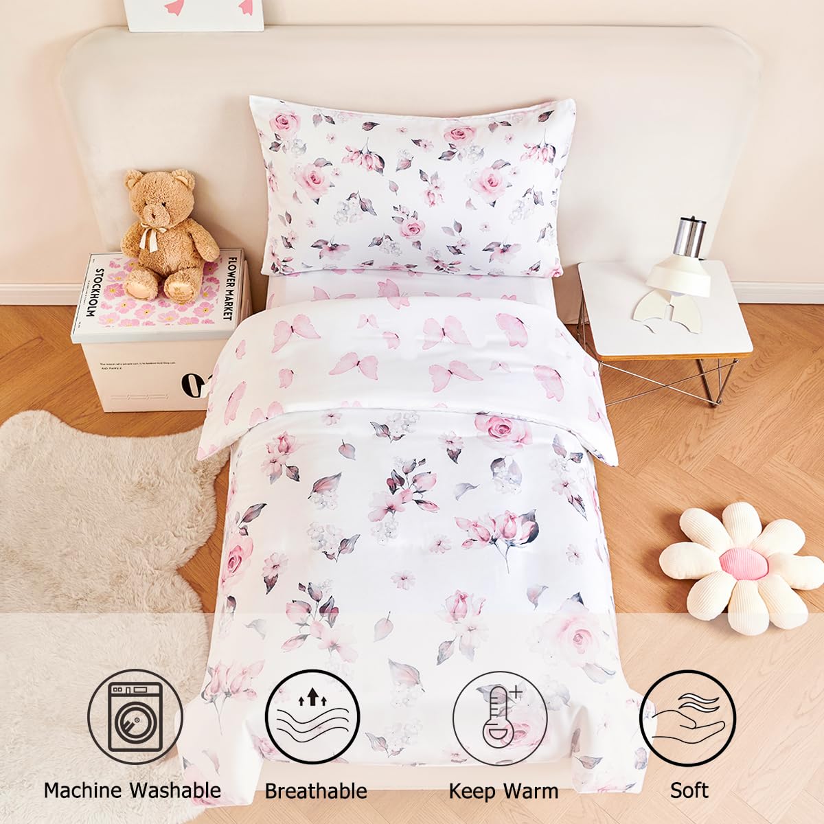 STYHO Girls Double Bedding Sets 3-Pieces Floral Pink Duvet Covers with Pillowcase Soft Reversible Floral Children Duvet Cover Sets for All Seasons(Rose - Image 3