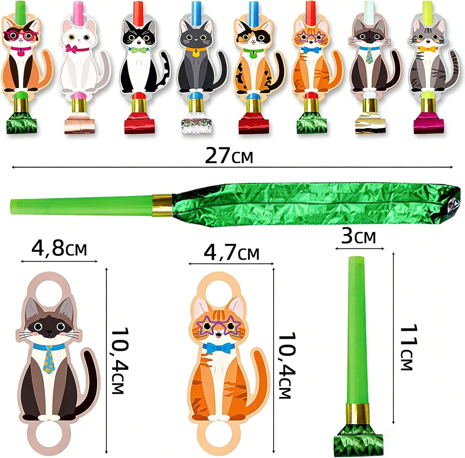 Pack of 8 Party Buns with Cats, Cheering for Birthday Party, Wedding, Graduation, Banquet, 11 x 3 cm