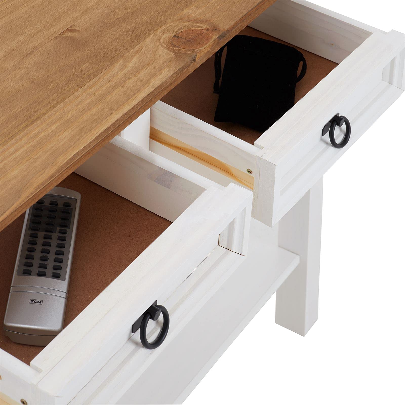 IDIMEX Console Campo Meuble Style Mexicain, Table Console Fabriquée en Pin Massif, 2 Tiroirs, 1 Étagère, Poignées en Métal, Console Finition lasurée Blanche