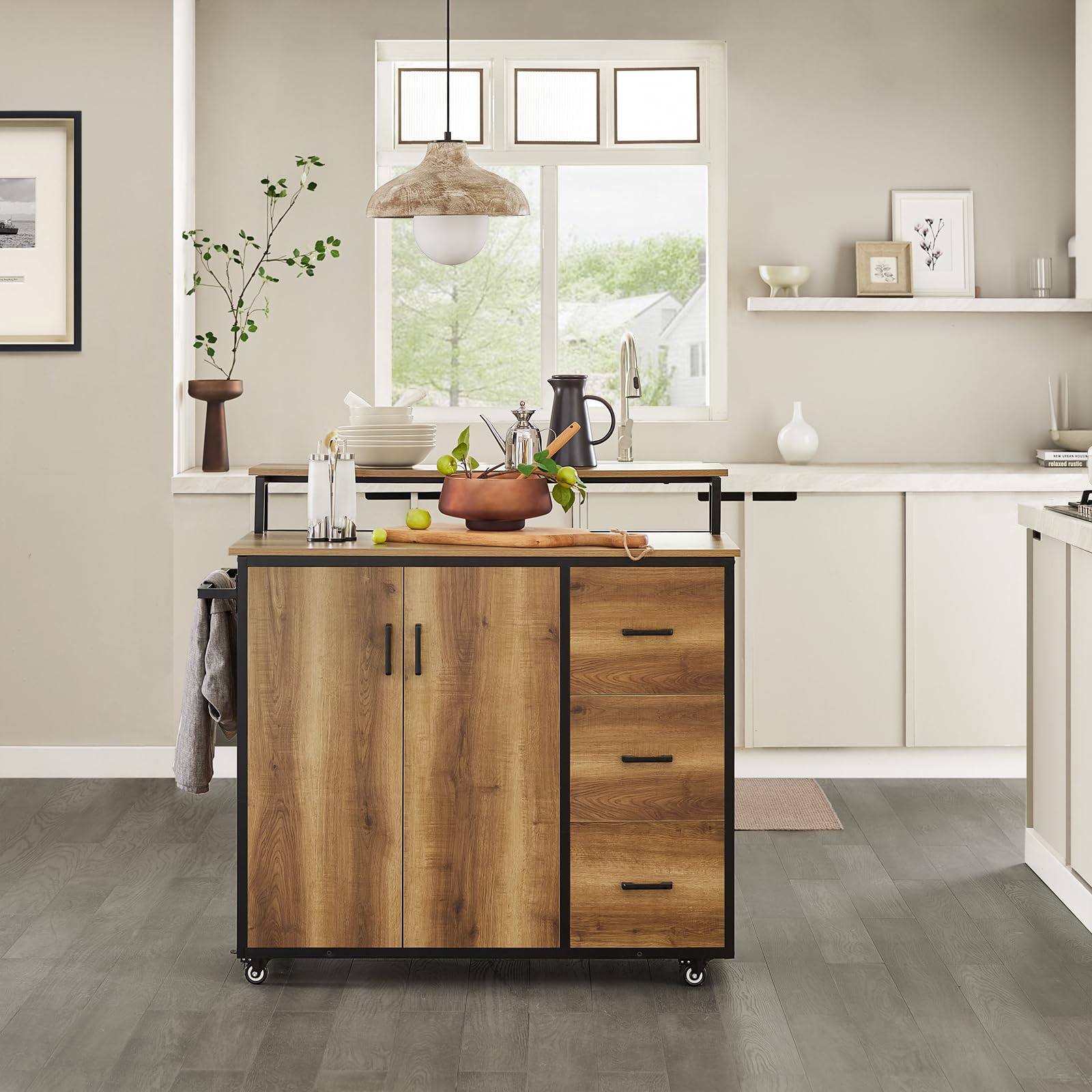 SoBuy KNL02-PF Design Küchenwagen mit Arbeitsplatte Kücheninsel mit Türen und Schubladen Küchenschrank Rollwagen Sideboard auf Rollen Küchentrolley Vintage braun BHT ca.: 113x106x69cm