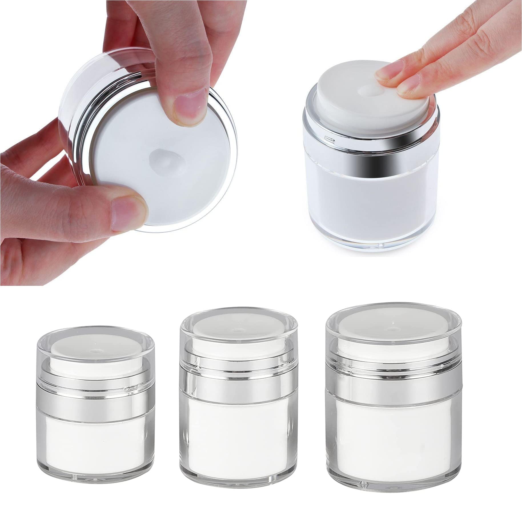 Airless Pump Jars 15/30/50ML, 3 Pieces Empty Refillable Cosmetic Air Pump Acrylic Bottles Airless Lotion Face Cream Dispenser Containers Makeup Vials Accessories Leak-Proof DIY Travel Cans Press Style