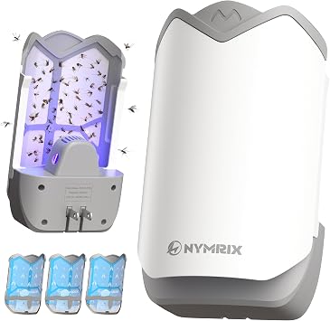 Nymrix Flying Insect Trap, Indoor Plug-in Fly Trap with Blue Light, Bug Catcher for Gnats, Fruit Flies, House Flies, Mosquitoes & Moth Curved Shield Hides Trapped Bugs 1 Device + 3 Refills
