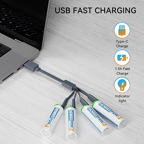 Miniatura 6 de Henreepow Paquete de 4 baterías recargables de litio AA, voltaje constante de 1.5 V, 1200 ciclos de larga duración, USB doble A, carga rápida de 1.5