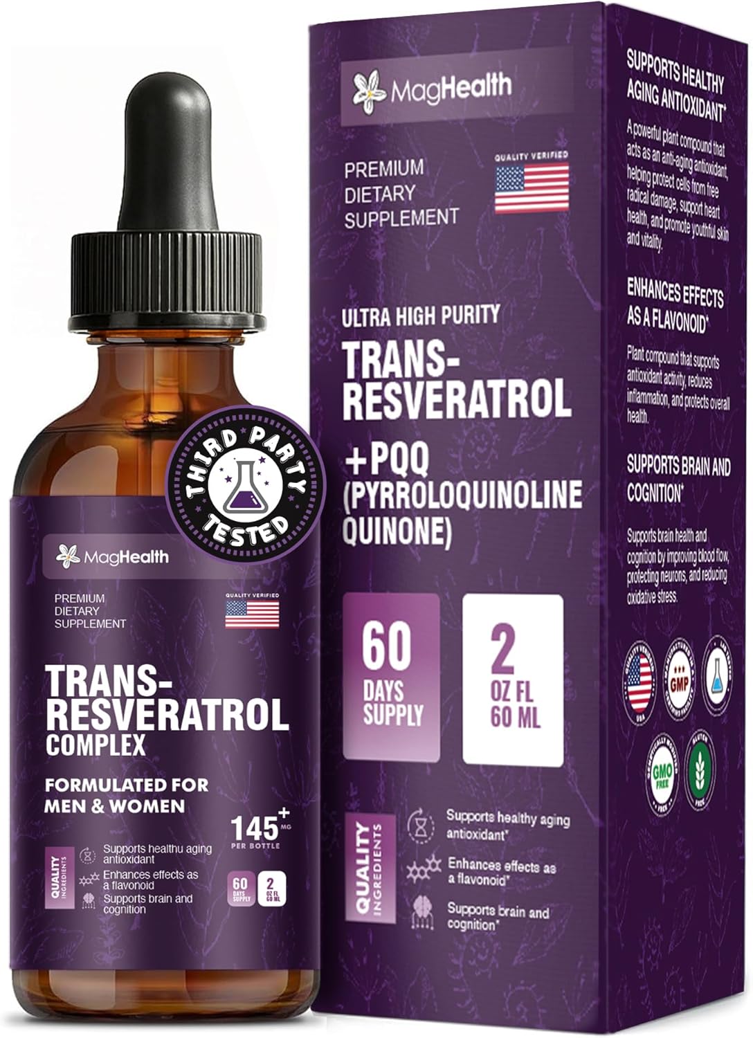 Trans-Resveratrol with PQQ, Quercetin & Black Pepper Tincture | 3rd Party Tested | Cellular Energy & Heart Health Support | Sourced from Japanese Knotweed - 2 oz (60 Servings)