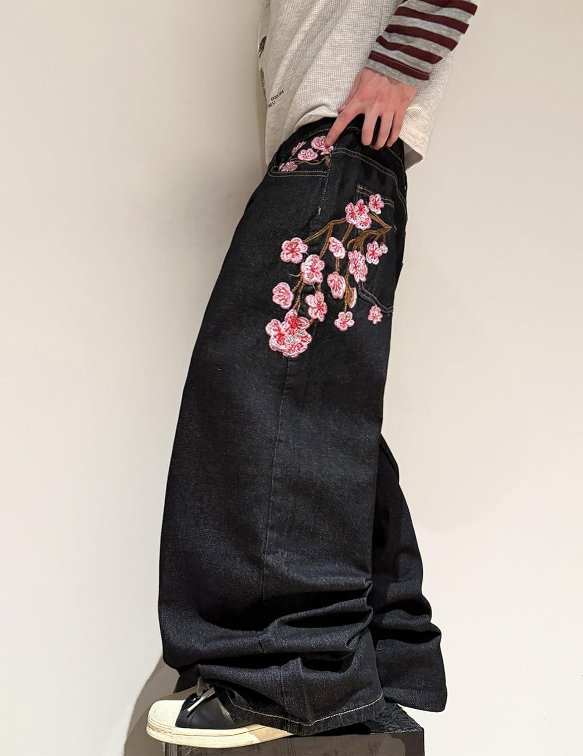 Men's Baggy Jeans Blossom Embroidery Pattern Wide Leg Y2K Jeans Mid Rise Denim Pants Streetwear - Image 4
