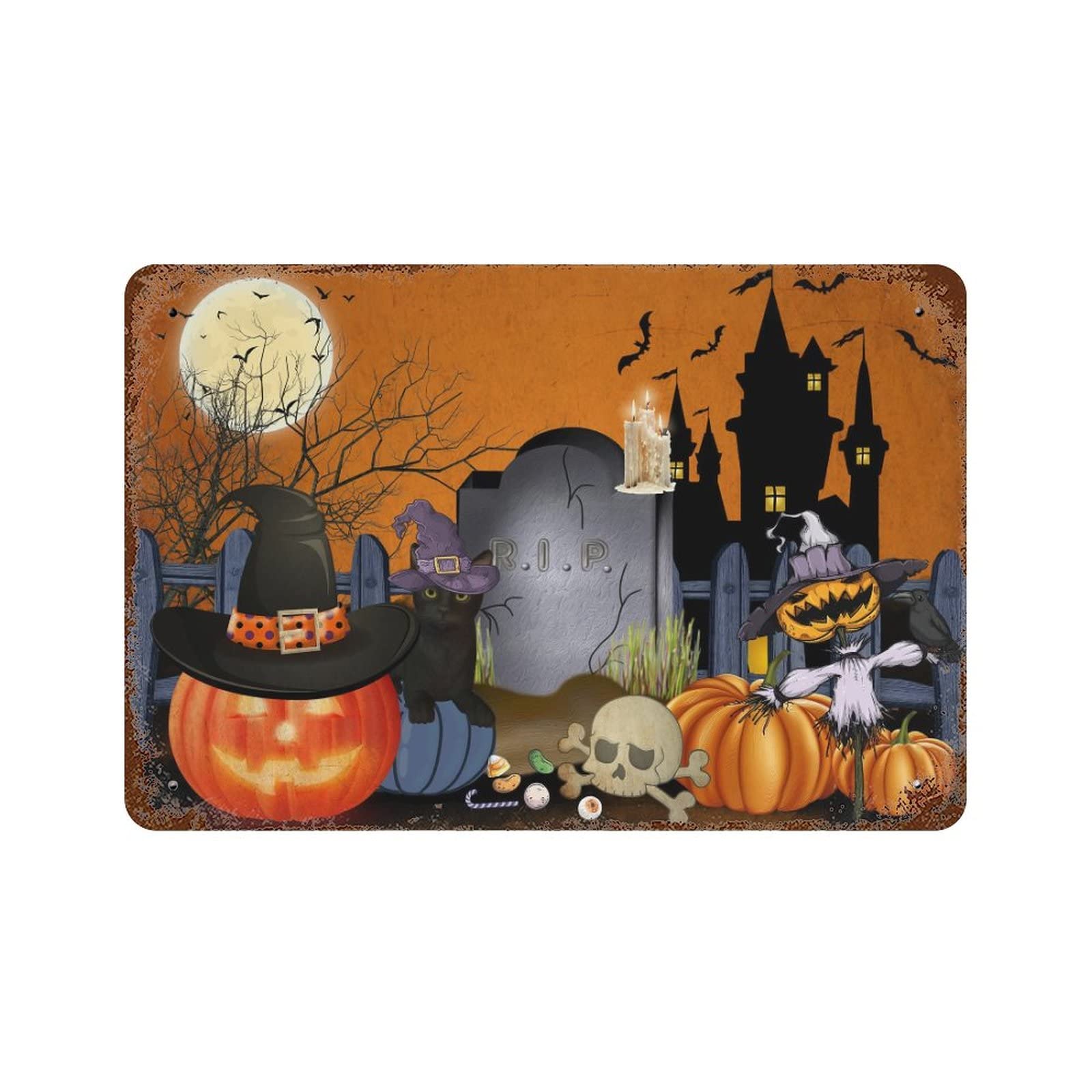 Plaque en métal Halloween chat et citrouille décoration murale 30x45 cm