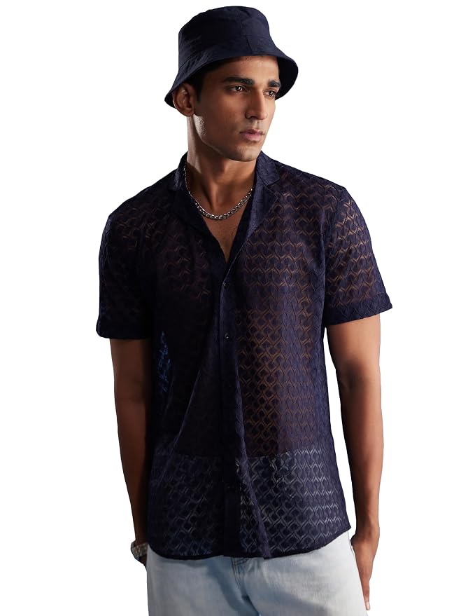 VASTRAMAY Men's Blue Net Ethnic Shirt - S_VASMSH037BU_36