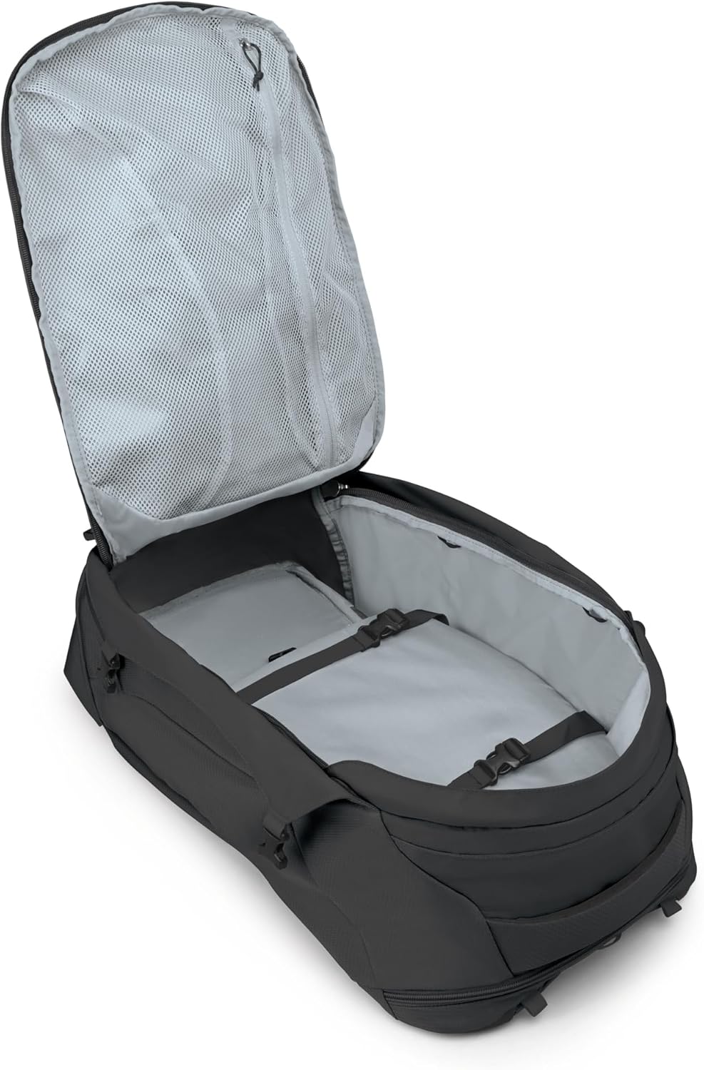 Main compartment of the Osprey Farpoint 40L backpack fully open, showing internal compression straps and mesh pocket.