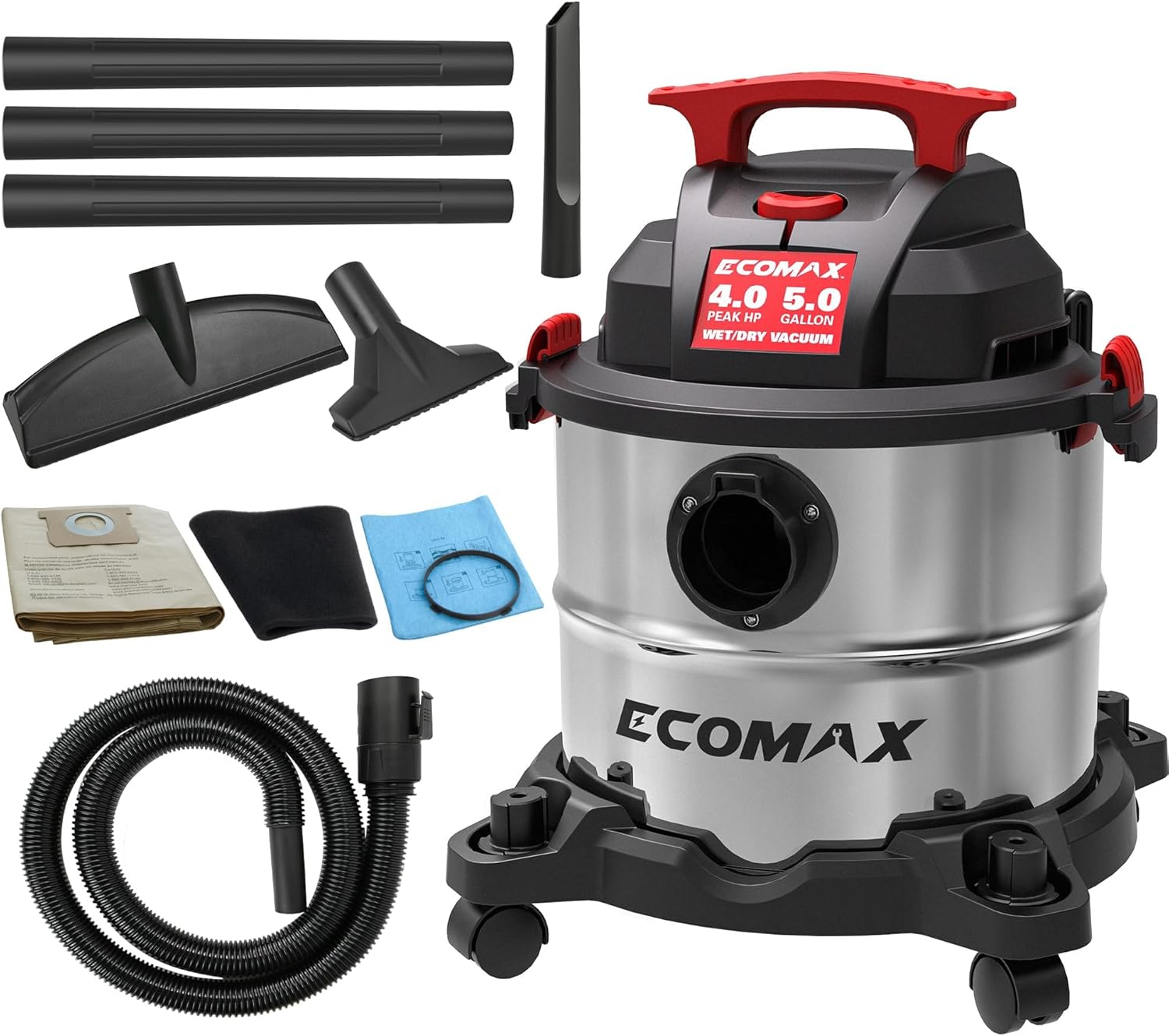 ECOMAX Shop Vacuum Wet and Dry 5 Gallon 4 HP Stainless Steel Wet Dry Vac with Powerful Suction and Blowing Function, Portable 3 in 1 Shop Vacuum for Home, Garage, Car, Jobsite and Workshop, EM18115