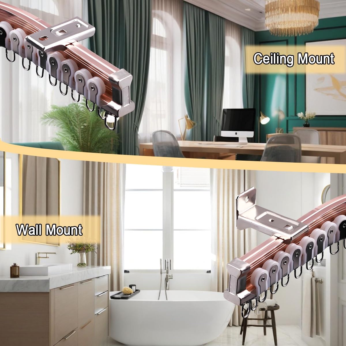 Generisch Decken-/Wand Gardinenstange Vorhangschiene aus Aluminiumlegierung Flexible und Biegbare Gardinenschiene Weiß Rosa mit Clips und Haken 100cm-500cm für Badezimmer Büro(Pink,270cm/8.9ft)