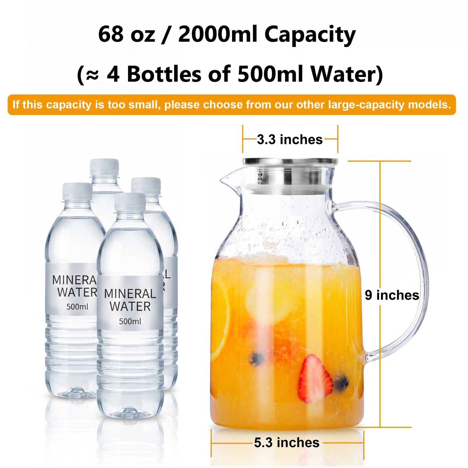 Jarra de agua de vidrio con tapa y boquilla, jarra de vidrio de borosilicato resistente al calor, resistente al calor, segura para temperaturas