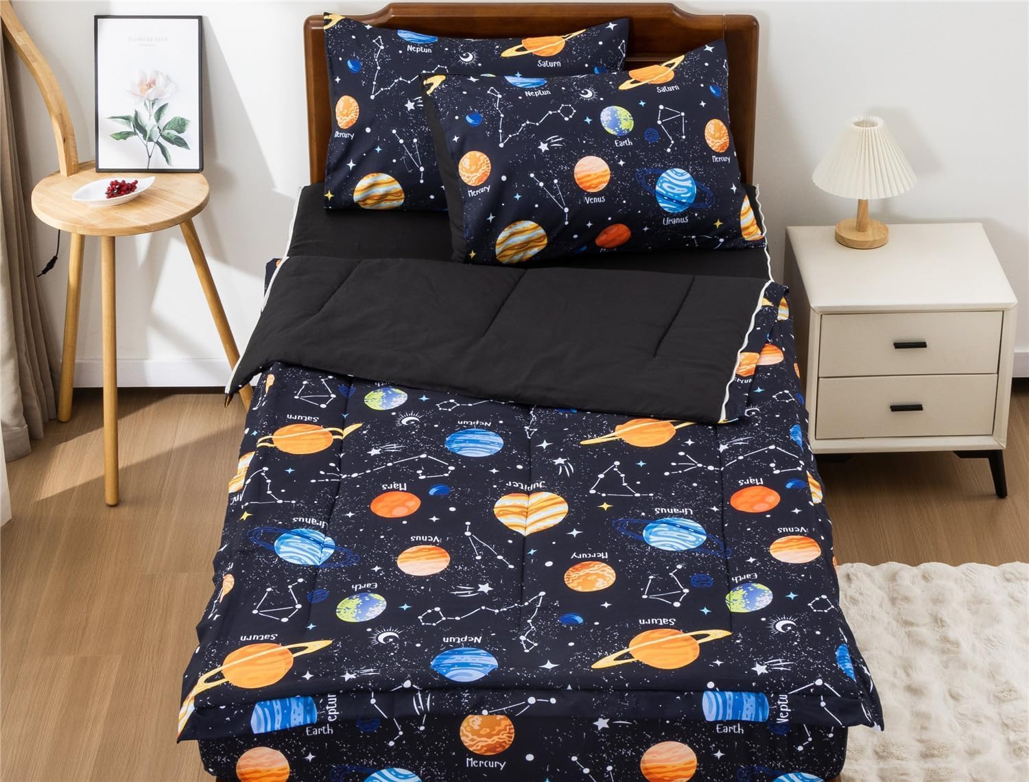 Aimuan Kids Zipper Bedding Outer Space Galaxy Comforter Set for Boys Girls 3-Piece Twin Kid Bedding Set, Black