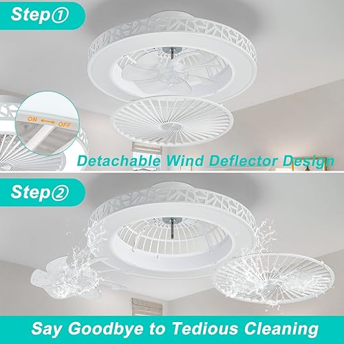 Miniatura 7 de Low Profile Ceiling Fan with Light Flush Mount 19'' Iron White 40W Modern Bladeless Enclosed Fans Lights Fixtures Quiet Reversible 6 Wind Speeds