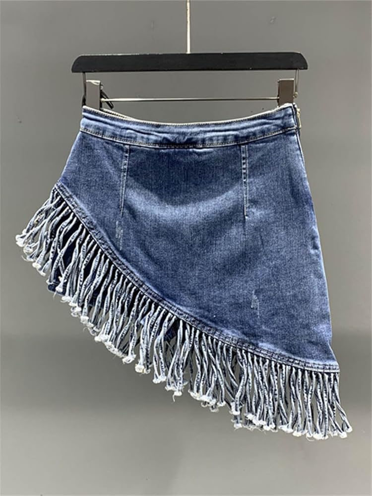 Amazon.com: Solid Color High Waist Irregular Fringe Denim Skirt