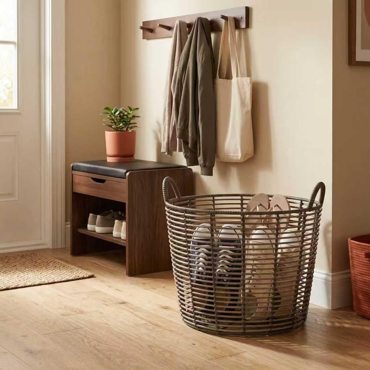 76QT Rattan Woven Basket With Handle, Extra-Large Storage Basket,Used for Storing Clothes, Towels and Various Household Items. Perfect for Living Rooms, Bedrooms, Bathrooms and Dormitories.