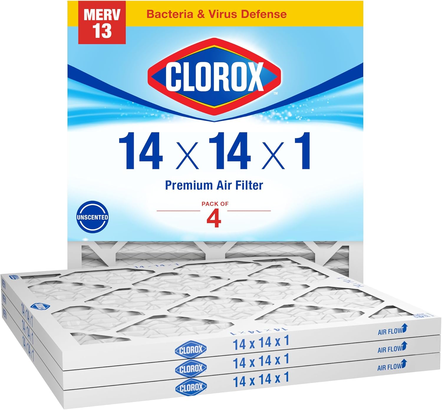 Clorox Air Filters 14x14x1 Furnace Filter, MERV 13 Pleated HVAC AC Furnace Air Filters, MPR 1500 & FPR 10  Pack of 4