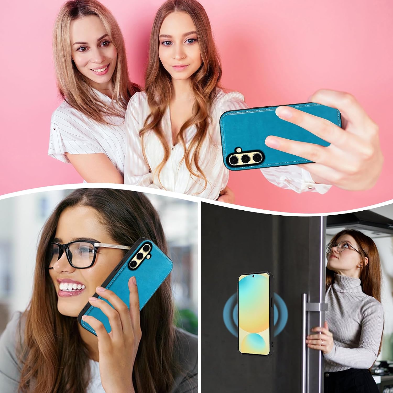Asuwish Phone Case for Samsung Galaxy S24 FE 5G Zipper Wallet Magnetic Detachable Cell Cover with Tempered Glass Screen Protector Crossbody Strap Flower Credit Card Holder S 24 EF S24FE 24S Women Blue