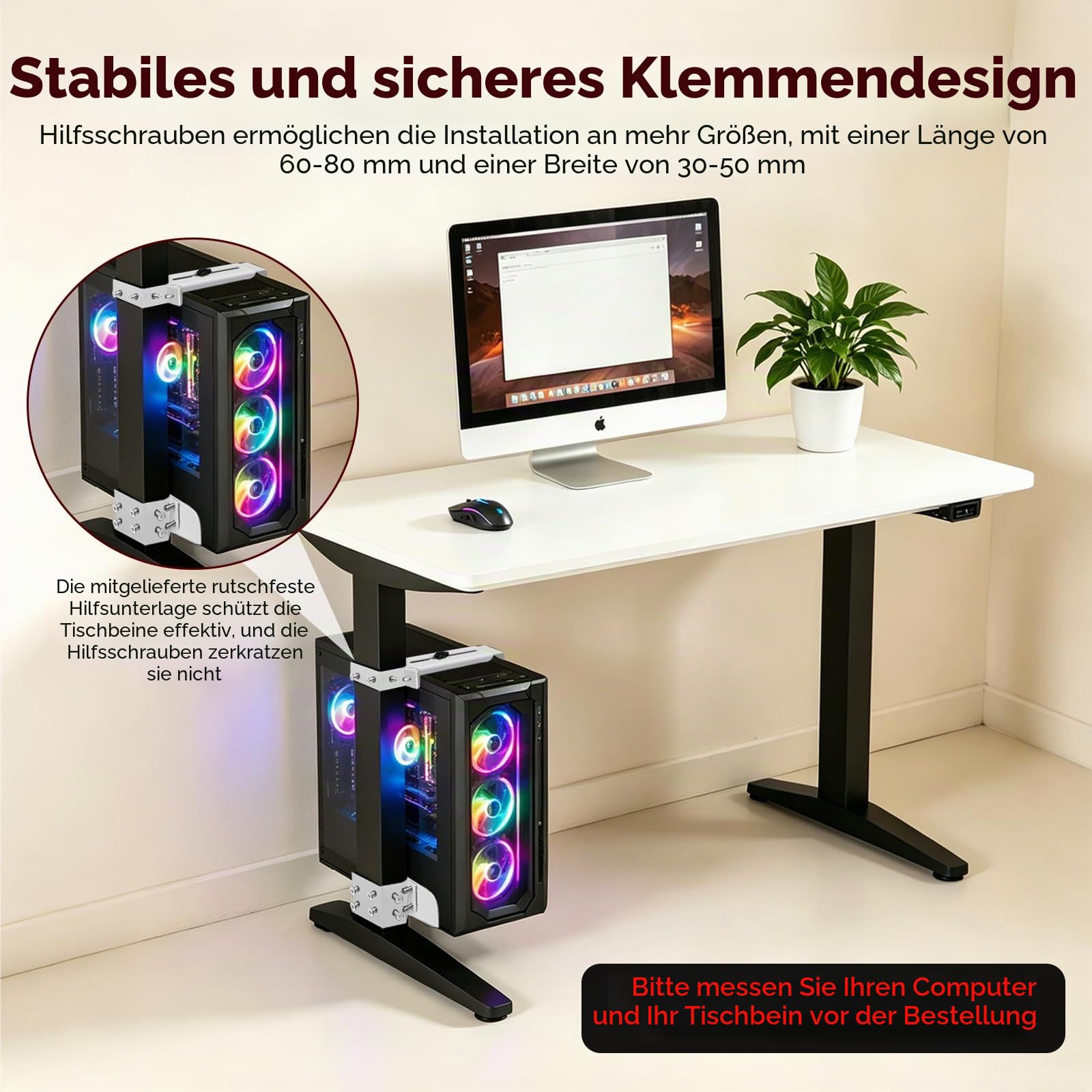 PC Halterung unter Schreibtisch, Verstellbare PC Tischhalterung Ohne Bohren, 20 kg Tragkraft, PC-Tower-Halterung Für Höhenverstellbare Schreibtische, Fits Desk Leg: 65-80mm(D) x 40-50mm(W), Weiß