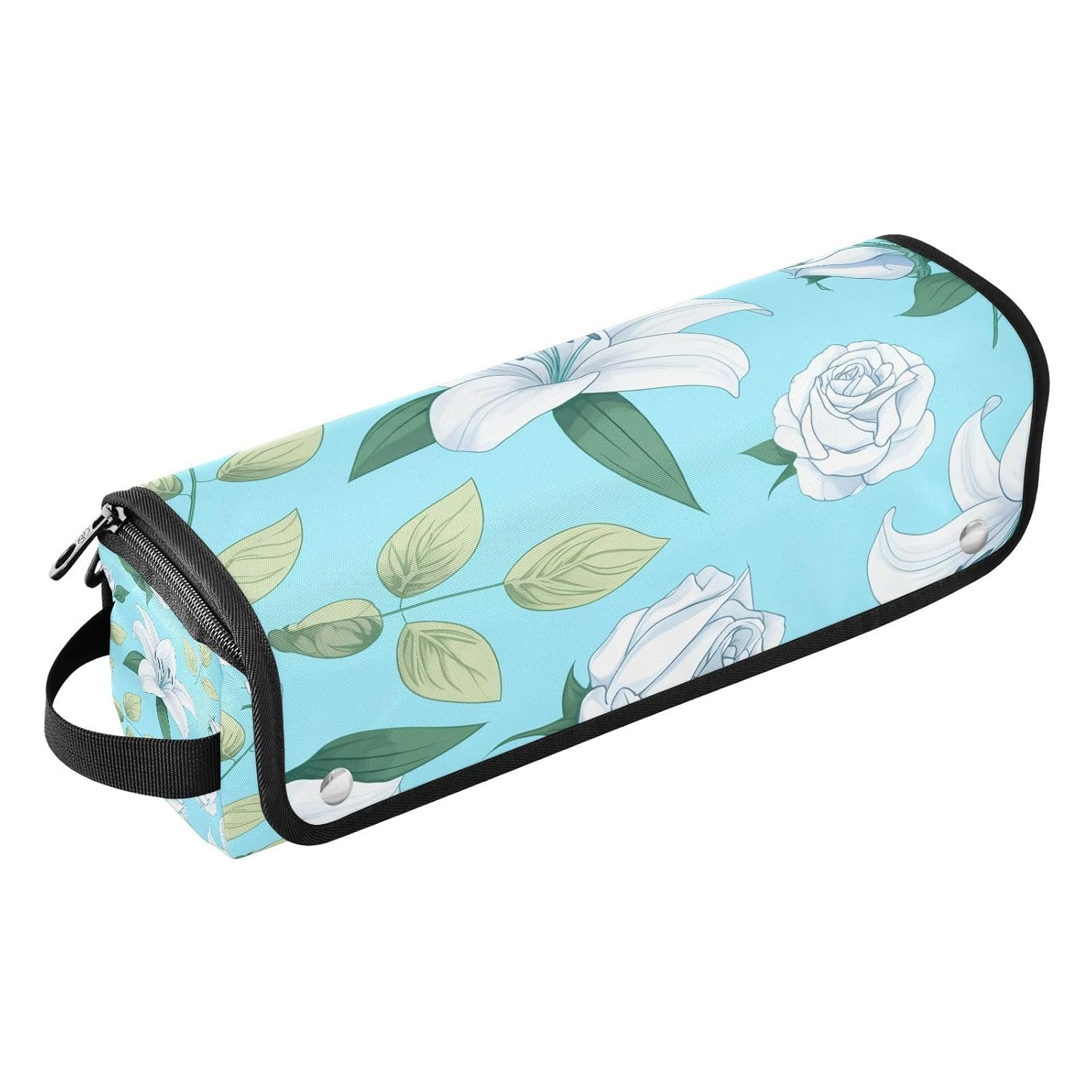 White Flowers Hair Tools Travel Bag Portable Hair Accessory Organizer with Heat Resistant Mat 2 in 1 Curling