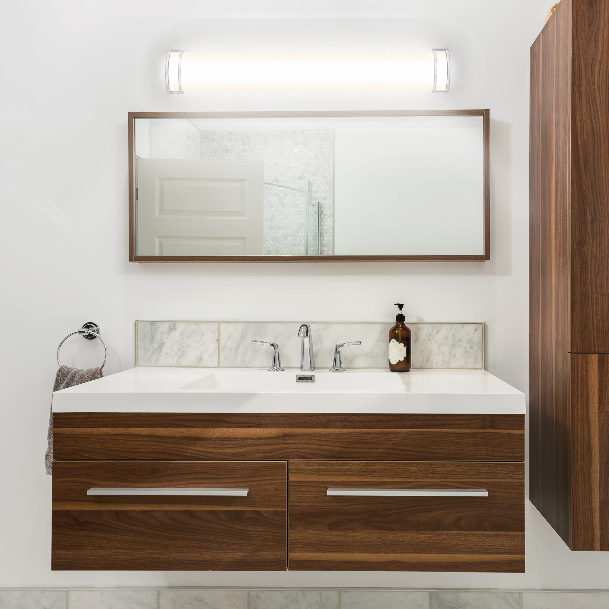 Ultralux 36 Inch 2 Ring Contemporary LED Wall Vanity Light for Bathroom – 28W, 3000K Damp Location Approved Bathroom Lights Over Mirror, 2000 Lumens Brushed Nickel Finish Wall Mount TRIAC Dimmable