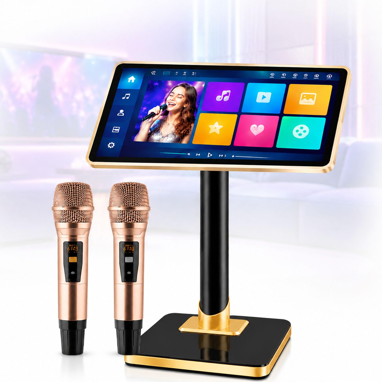 Maszyna do karaoke, system karaoke, 21,5-calowy odtwarzacz z ekranem dotykowym z mikrofonami bezprzewodowymi, mikser pogłosu, pamięć 3 TB, pobieranie utworów w chmurze, obsługa aplikacji YouTube