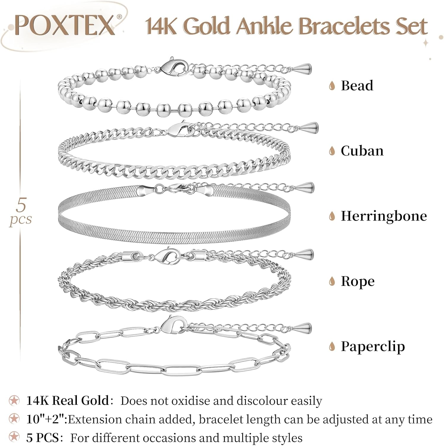 Extra Large Anklets for Women Large Ankle, 14K Real Gold Stack Anklets for Women Waterproof, 10"+2" Adjustable Non Tarnish Large Ankle Bracelets for Women Big Ankles, Ankle Bracelets Set Vacation Jewelry - Image 6