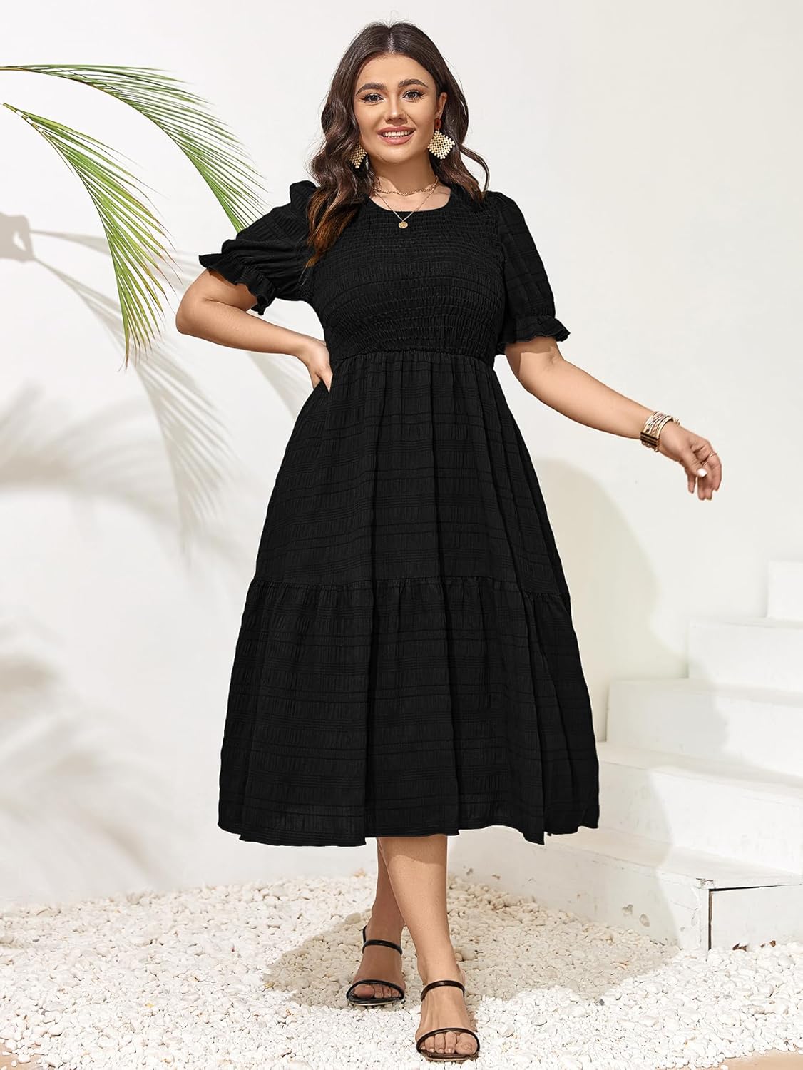 SCOMCHIC Womens Plus Size Summer Dresses 2025 Casual Puff Short Sleeve Crewneck Smocked Flowy Ruffle Boho Party Maxi Dress - Image 3