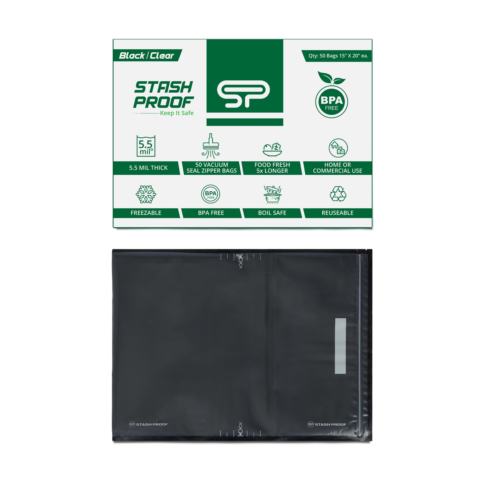 Zipper Vacuum Seal Bags 15" x 20" (50 Count) 5.5 Mil (Black and Clear) - BPA Free Commerical Grade Food Saver for Storage, Sous Vide, and Meal Prep Sealer Bag