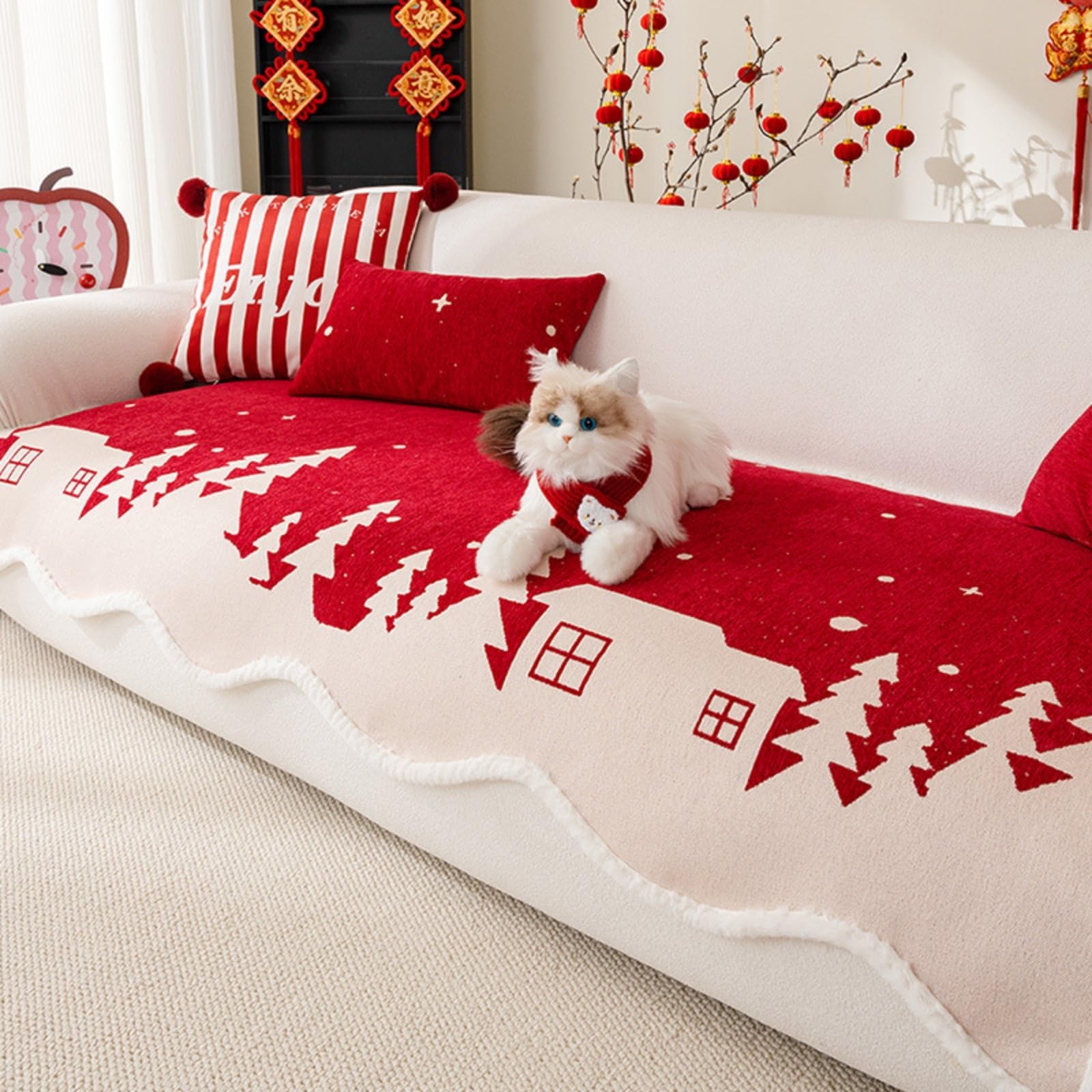 Housse de canapé de Noël rouge lavable pour canapé sectionnel