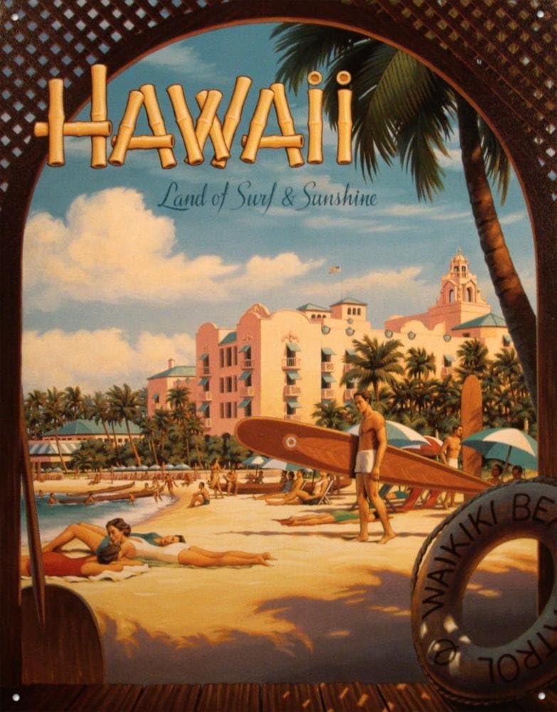 Travel Poster Tin Metal Sign : Hawaii Land of Surf & Sunshine by Kerne Erickson, 13x16
