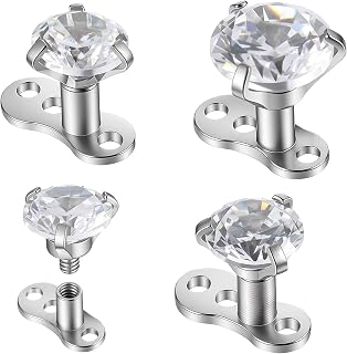 14G Dermal Anchor Tops with Base – Microdermals Piercing Jewelry Set | 316L Surgical Steel Internally Threaded Surface Piercing Studs with Shiny Cubic Zirconia for Women Men (3Pcs)
