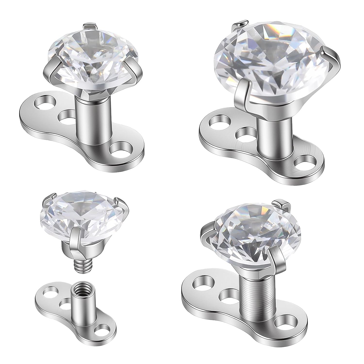 14G Dermal Anchor Tops with Base – Microdermals Piercing Jewelry Set | 316L Surgical Steel Internally Threaded Surface Piercing Studs with Shiny Cubic Zirconia for Women Men (3Pcs)