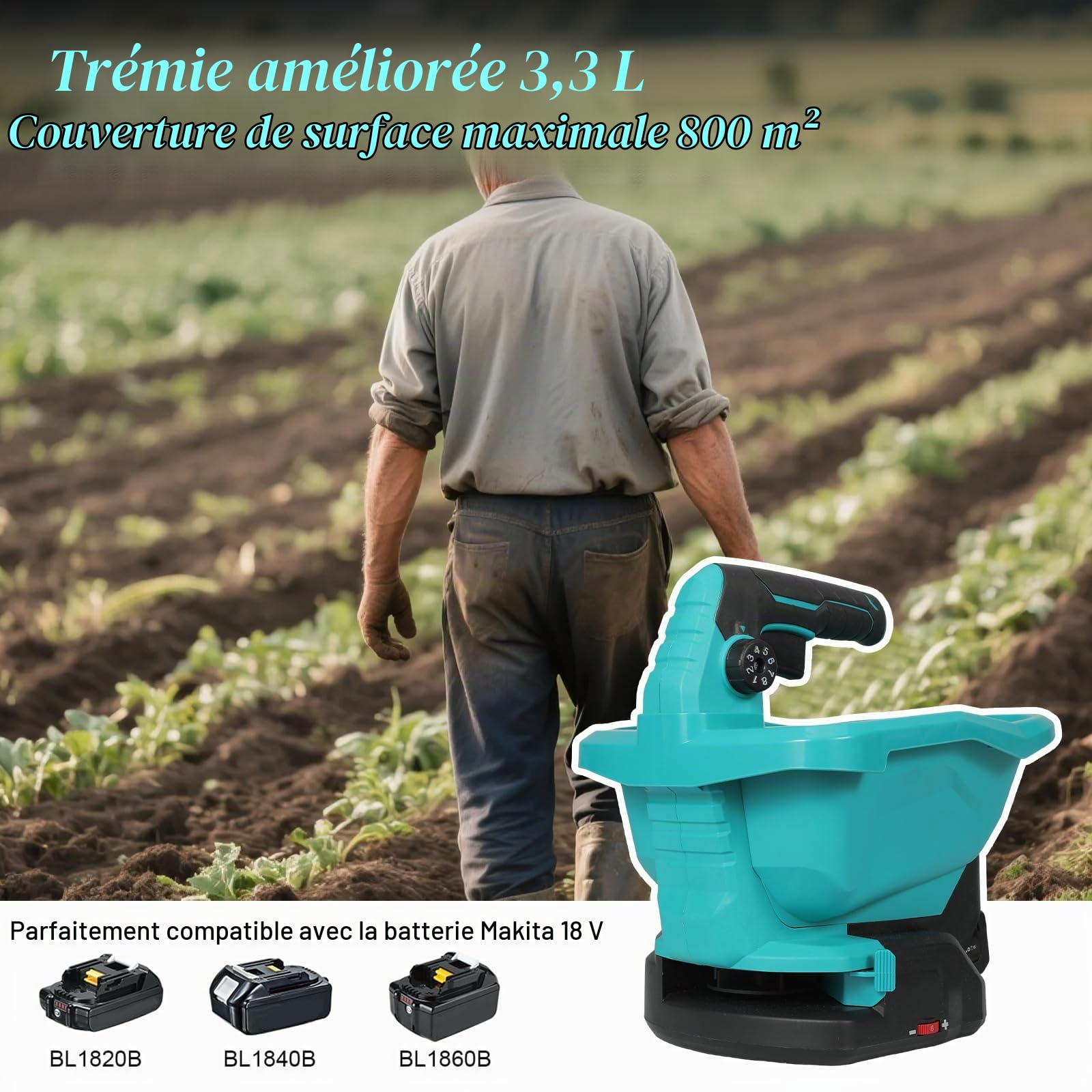 JOPWUE Épandeur Portable sans Fil,pour Batterie Ma-Kita~ 18 V,avec Réglage de Vitesse Rotation à 6 Niveaux,Régulateur 8 Positions, 3.3L,pour Fertiliser, Semer, Saupoudrer de Sel,sans Batterie (Bleu)