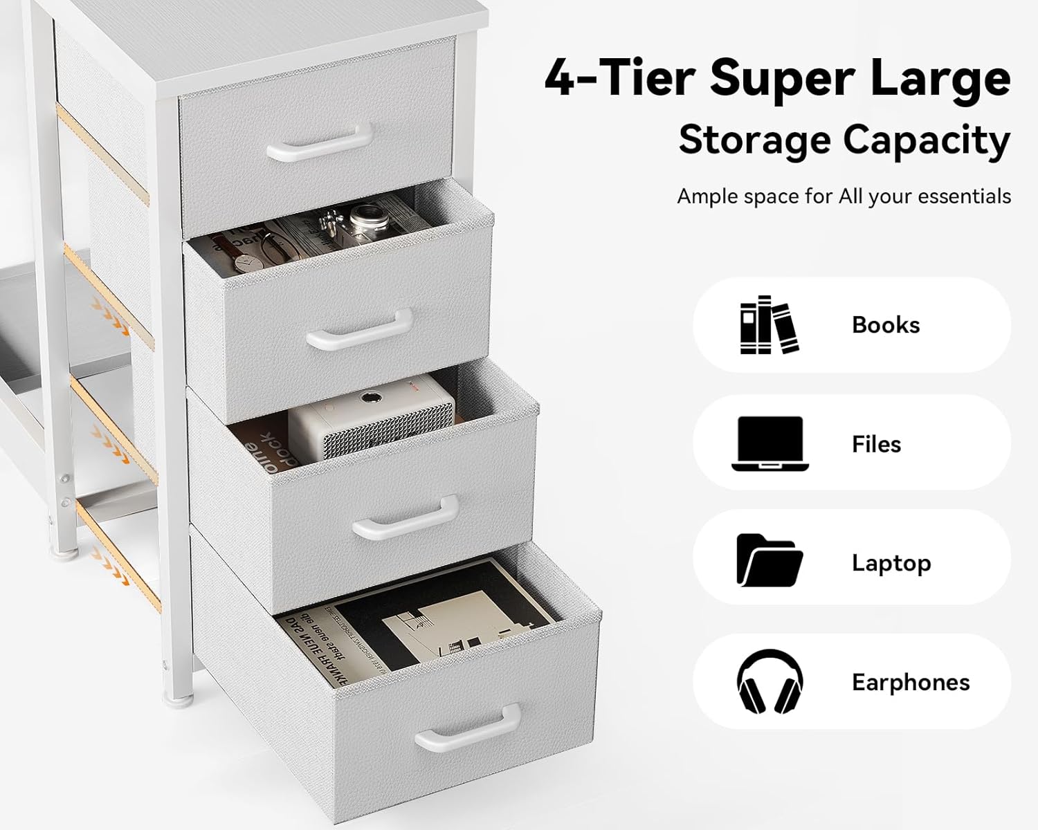 Close-up of the four fabric drawers with items like books, files, and a laptop inside