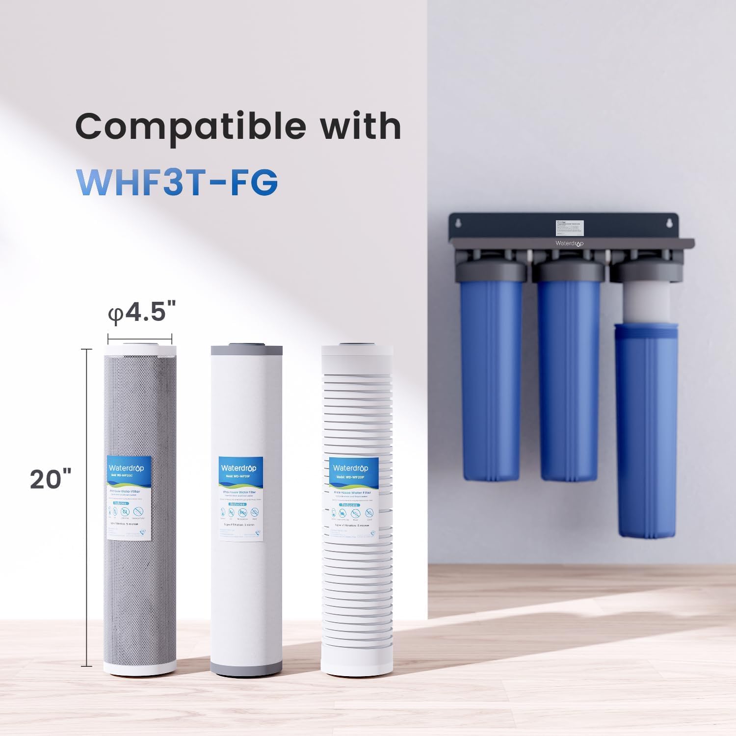 Waterdrop Whole House Water Filter, Carbon Filter, Reduce Iron & Manganese Filter Cartridge, Replacement for, Any 20" x 4.5" System, 5 Micron，WD-WF20PFC