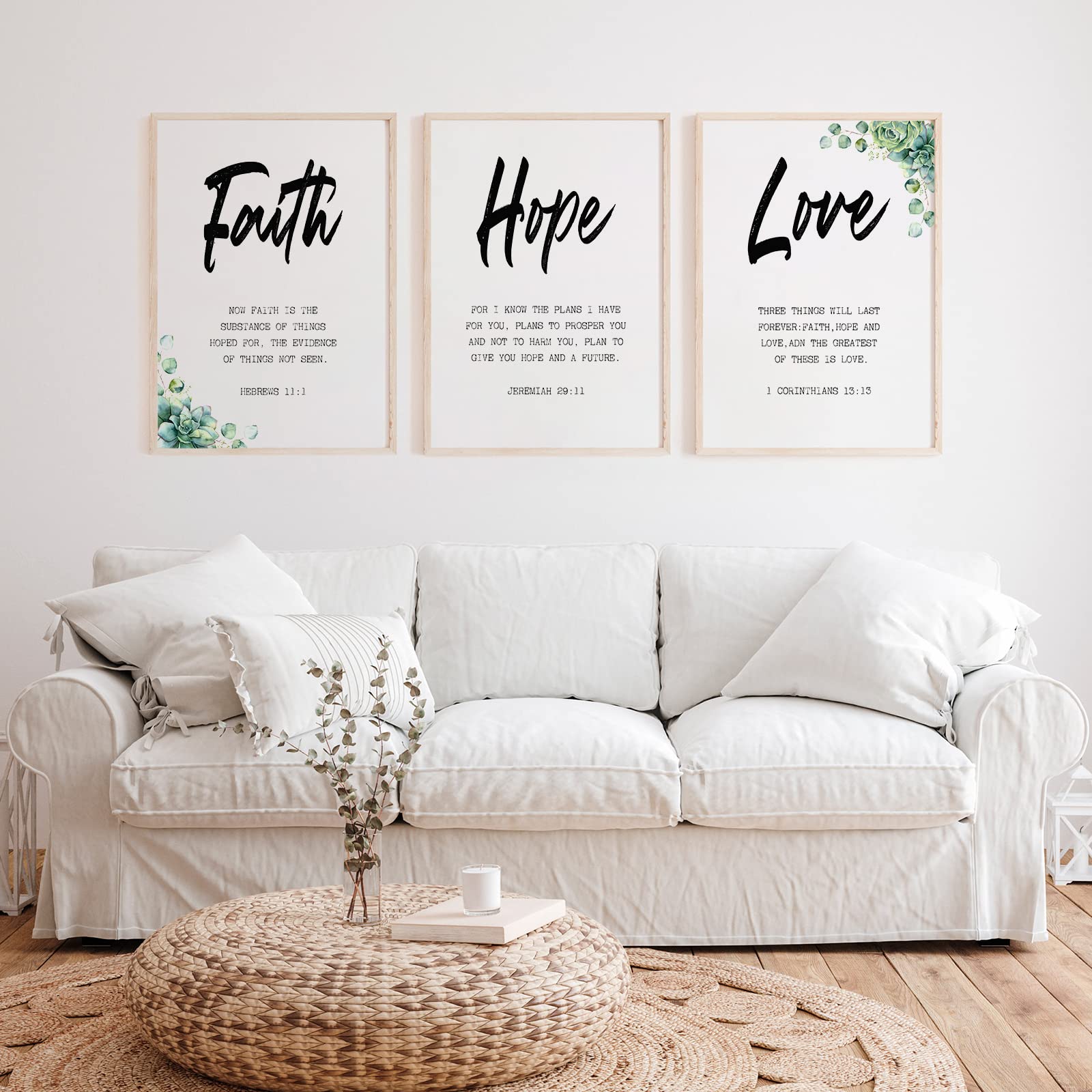 Faith Hope Love Bible Verse Wall Art Set De 3 Grabados, Cita De Las Escrituras Hebreos 11, Jeremías 29, Juan 3 16, Decoración De La Pared Cristiana De La Sala De Estar - México