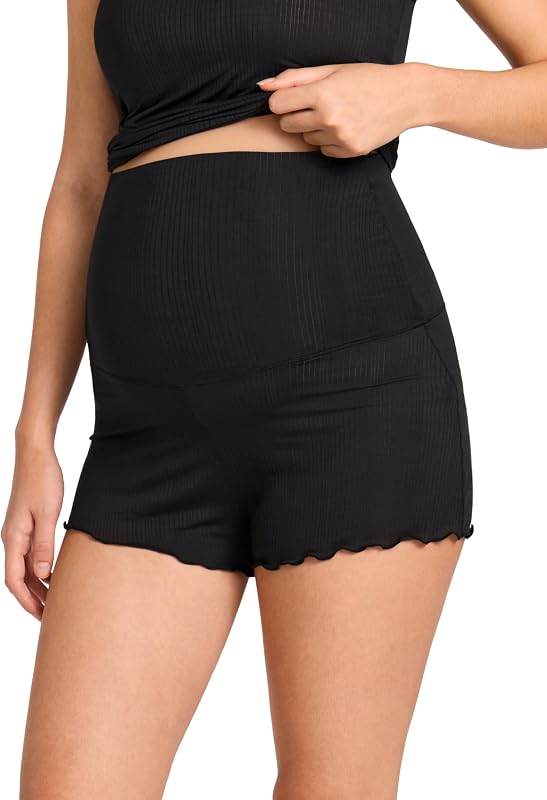 MOMANDA Modal Ribbed Maternity Lounge Shorts | Semi sheer, 2.5" inseam, Pregnancy pajama bottom, Foldover high rise, Ultra soft, For women sleep