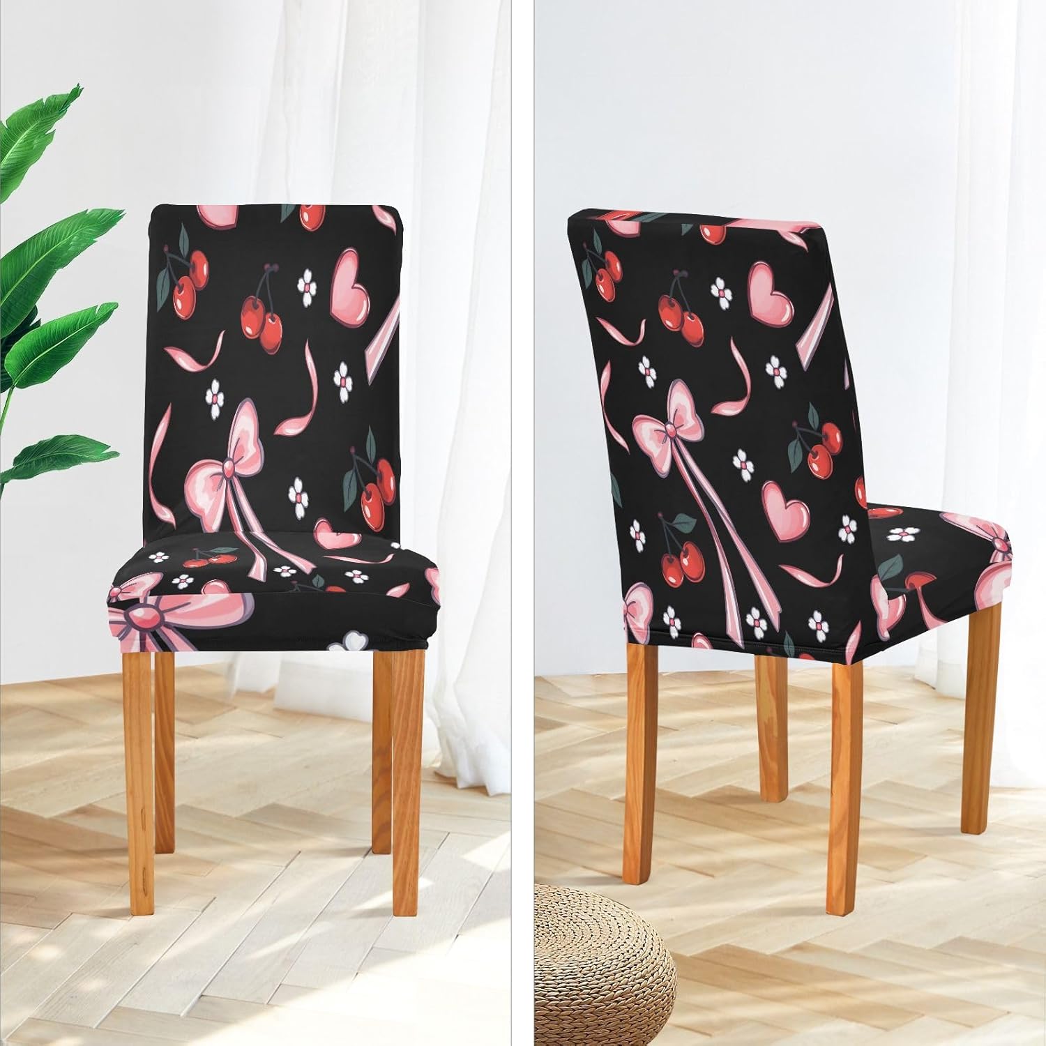 ALAZA Chair Covers for Dining Room, Hand Drawn Bow Cherry Pattern Stretch Chair Cover Sets Chair Protector Removable Washable for Ktichen Restaurant Hotel